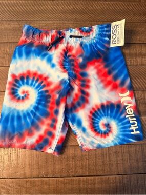 Hurley Blue Red White Tie-Dye Kids Swim Shorts